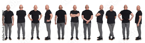large group of same man with sportswear on front, back and side view on white background
