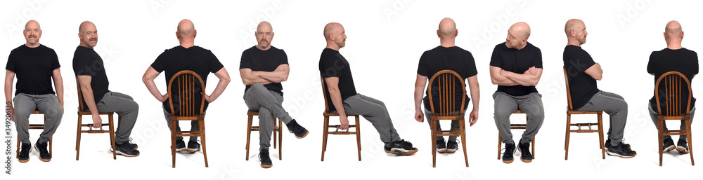 large group of same man with sportswear sitting with a chair on white background, side view, front view, back view, large group of same man with sportswear sitting with a chair on white background, side view, front view, back view,