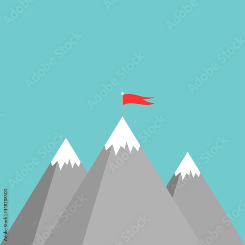 Red flag on a mountain peak. success, high results symbol. Landscape with mountains and clouds.