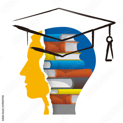 Graduate, head of books.
Stylized head of a student with books and brush drawn mortar board. Isolated on white background. Vector available.
