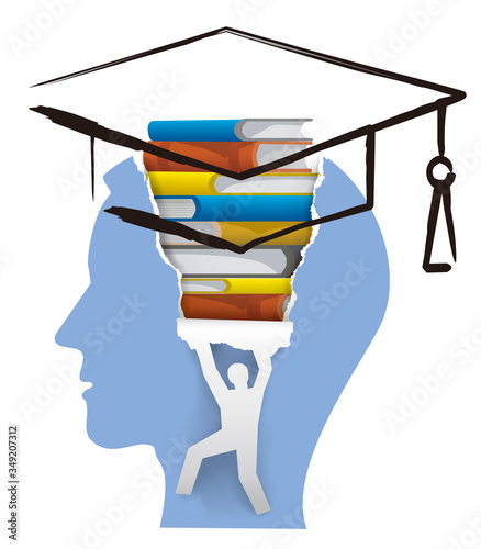 Student, School Literature for Graduation. 
Stylized Male head in profile with books, brush drawn mortar board and male silhouette ripping paper background. Vector available.