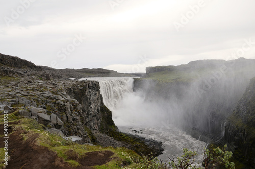 Dettifoss waterfall on a rainy day in Iceland