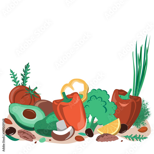 Fasting mimicking diet food, FMD products vector illustration. Vegetables, mushrooms, olives, and nuts.