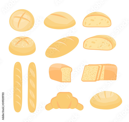Set of different types of baked goods. Bundle of sourdough bread, baguette and croissant, toast, fresh loaf.  Pastries for bakery. Vector flat cartoon illustration icons on isolated white background. 