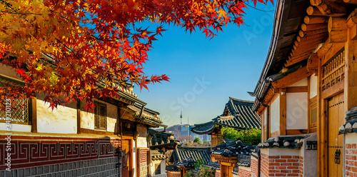 Autumn seasons at Bukchon Hanok Village. Traditional Korean style architecture in Seoul,Korea. photo