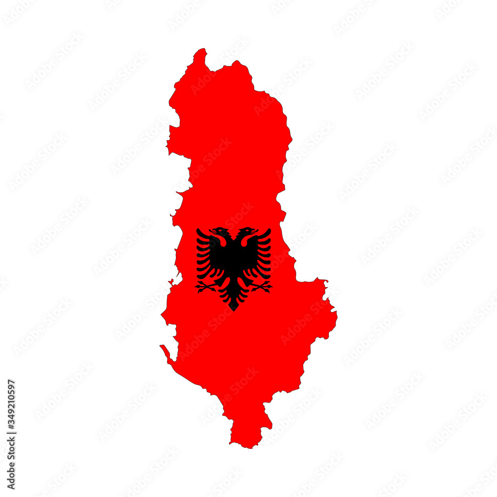 Map of Albania. Vector design isolated on white background. Shape of Albania map filled up with Albanian flag colors. Map of Albania. Vector design isolated on white background. Shape of Albania map filled up with Albanian flag colors.