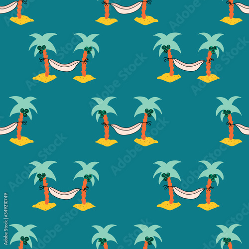 Seamless pattern with hammock between coconut palm trees. Repeating summer background. 