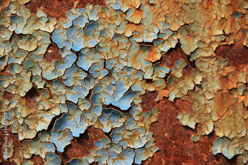 close-up of cracked old blue paint on a rusty wall. grunge background with rust and old paint. concept of abandoned city. industrial background. grunge texture with cracked blue paint.