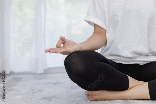yoga women in bedroom stay at home concept