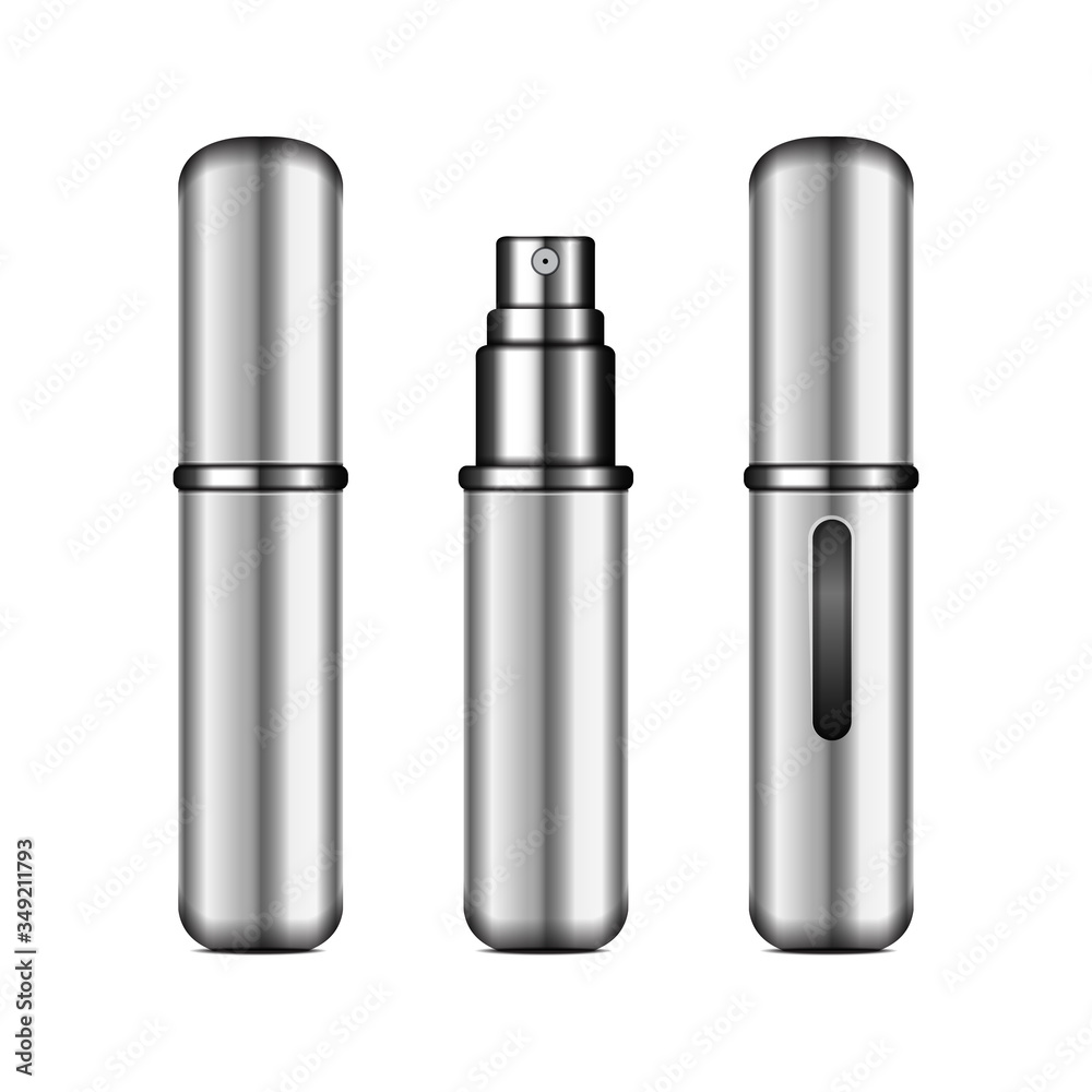 Perfume atomizer mock up. Vector realistic compact silver spray case for fragrance. Closed and open packaging