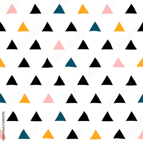 Seamless Scandinavian pattern. Black, pink, blue, gold hand-drawn triangles on a white background. Neutral cozy ornament. Vector illustrations with geometric shapes for wallpaper, posters, wrapping pa