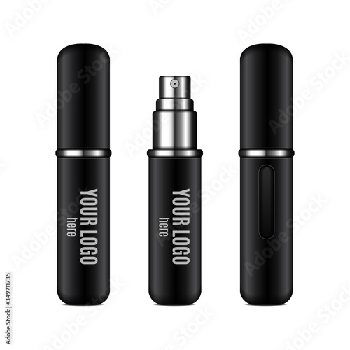 Black perfume atomizer mock up. Vector realistic compact spray case for fragrance with place for your logo. Closed and open packaging
