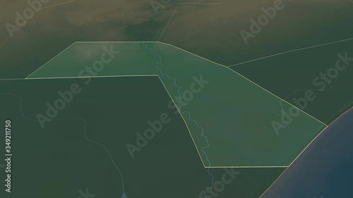 Jubbada Dhexe, region with its capital, zoomed and extruded on the relief map of Somalia in the conformal Stereographic projection. Animation 3D photo