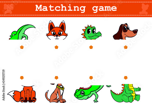 Educational matching  game for preschool children with funny animals. Vector illustration for children's magazines and preschool institutions