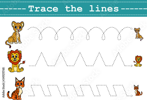 Trace line worksheet for kids with funny animals. Practicing fine motor skills. Educational game for preschool kids. Vector illustration.