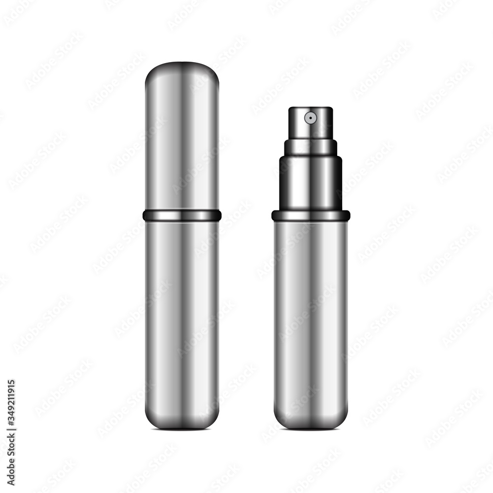 Silver perfume atomizer mock up. Vector realistic compact spray case for fragrance. Closed and open packaging Silver perfume atomizer mock up. Vector realistic compact spray case for fragrance. Closed and open packaging