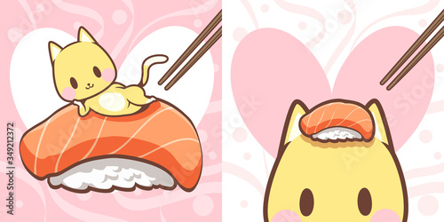 Cute character cartoon of A yellow kitten lying on a salmon sushi and salmon sushi on the yellow cat's head. Kawaii style vector illustration.