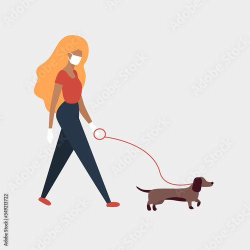 Woman in protective medical mask walking with dog to be protect from coronavirus or diseases.
