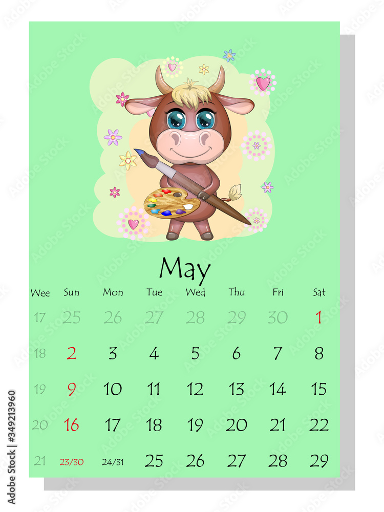 Calendar 2021. Cute bull and cow for every month. Calendar 2021. Cute bull and cow for every month.