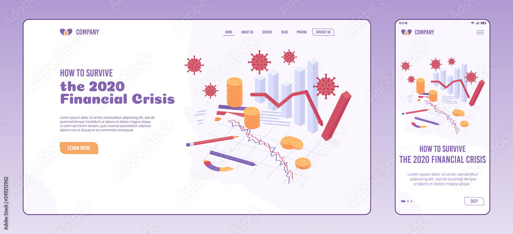 Coronavirus economic crisis isometric vector illustration web page and onboarding screen template.