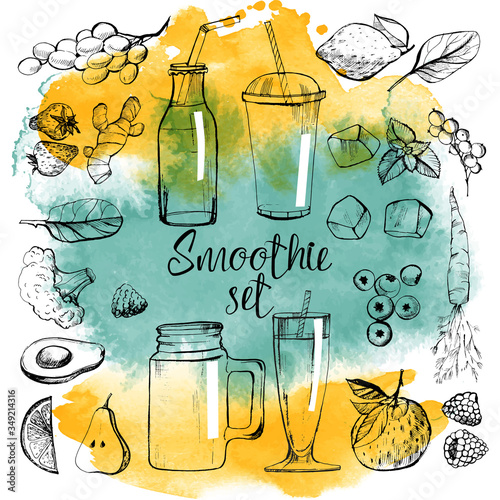 Smoothie vector sketch and watercolor set