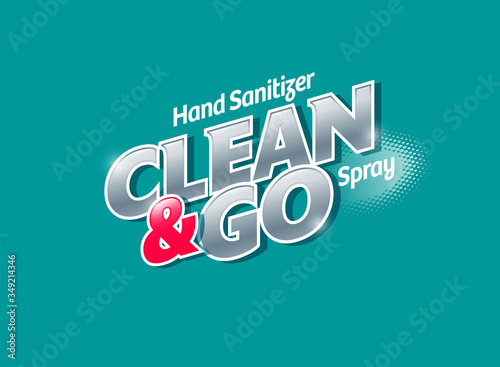 Clean and Go logo. Sanitizer spray, antiseptic and virus protection. Sanitizer for hands and body. Glossy lettering on turquoise background.