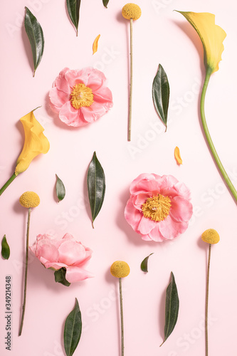 Flower layout in flat style on pastel pink backgro