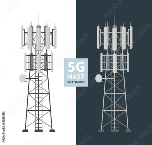 Tableau sur toile 5G mast base stations set on white and dark background, flat vector illustration of mobile data towers, telecommunication antennas and signal, cellular equipment
