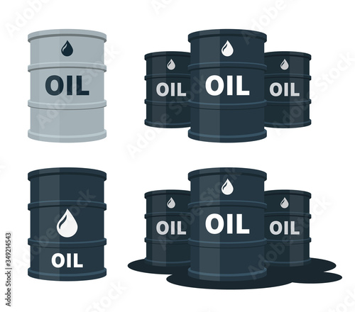 Oil barrels set isolated on white background, gasoline, fuel, petroleum flat vector illustration.