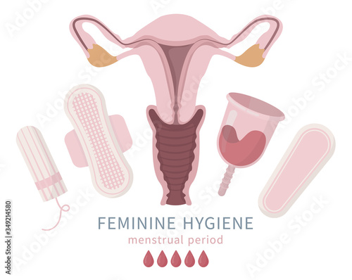 Vector illustration isolated set of feminine hygiene products and vagina, zero waste eco menstrual cup, sanitary napkin, pad, panty liner, tampon, protection for women critical days period. White pink