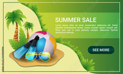 Summer sale. Horizontal banner for your website with bouncy ball, flippers, sunglasses and palm trees.
