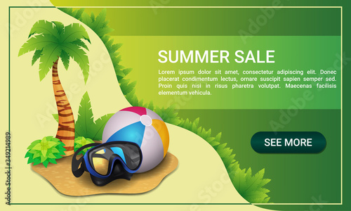 Summer sale. Horizontal banner for your website with bouncy ball, scuba glasses and palm.