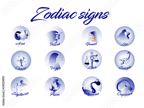 Zodiac signs flat set. Collection of horoscope logo vector illustration. Astrology icons: Leo, Virgo, Scorpio, Libra, Aquarius, Sagittarius, Pisces, Capricorn, Taurus, Aries, Gemini, Cancer. Isolated