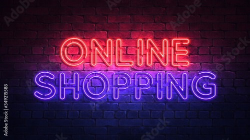 Glowing neon sign with the words ONLINE SHOPPING. purple and red glow and brick wall on the background 3d render