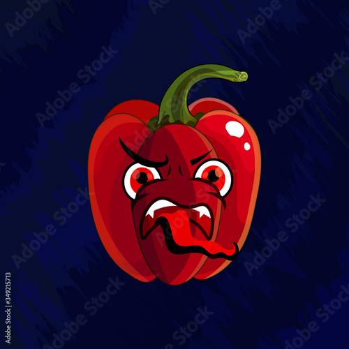 Angry pepper. The child does not want to eat vegetables. A cartoon character, paprika with a mad face. Long protruding tongue, fangs, eyes. Rage. Terrible monster. Expression of anger. Mad character.
