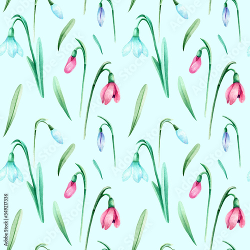 Delicate, spring pattern with flowers and sprouts.Seamless watercolor pattern with pink blue violet crocuses and leaves on light green background. Good texture for textile and printed products design.
