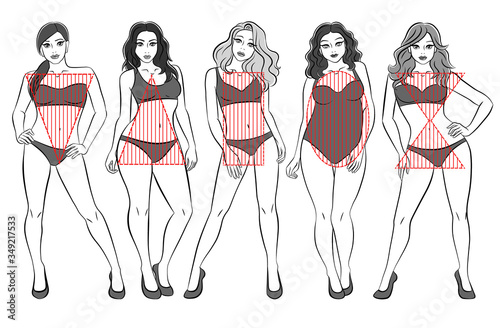 Types of female bodies. Five figures, black and white, the physique of girls. Forms: an inverted triangle, a pear, a rectangle, an apple, an hourglass.