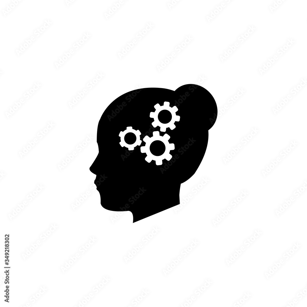 Women head thinking vector icon, head with cog or gear mechanism Women head thinking vector icon, head with cog or gear mechanism