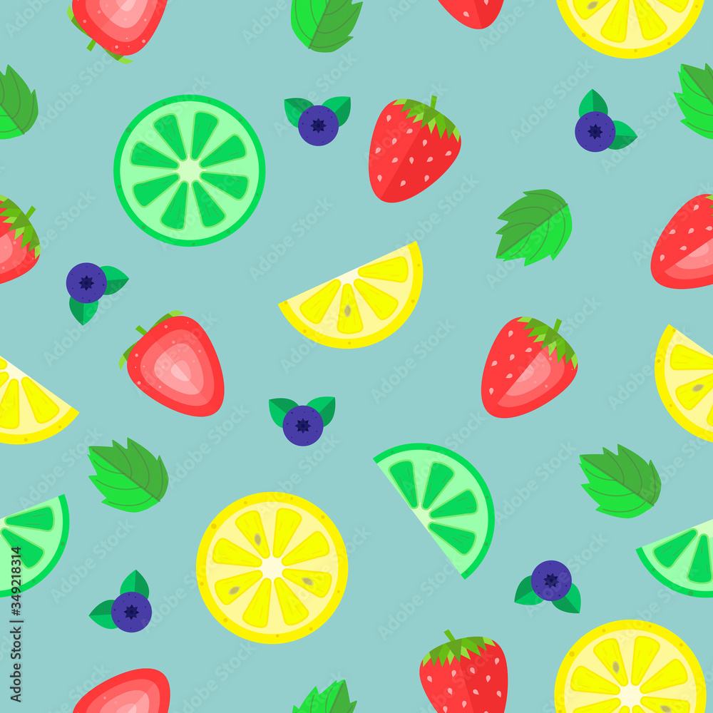 Seamless texture on a blue background, fruits and berries, whole and slices, citrus lime, lemon, strawberries, blueberries, blueberries and mint Seamless texture on a blue background, fruits and berries, whole and slices, citrus lime, lemon, strawberries, blueberries, blueberries and mint