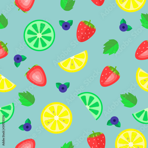 Seamless texture on a blue background  fruits and berries  whole and slices  citrus lime  lemon  strawberries  blueberries  blueberries and mint