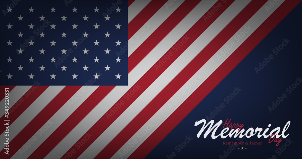 Happy Memorial Day. Banner with USA flag and lettering typography on background. National American holiday event. Flat vector illustration EPS10