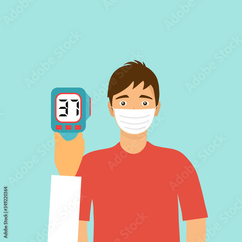 Measuring the temperature of a man with medical digital infrared thermometer in front view. Covid-19 thermo scan checkpoint concept vector illustration.