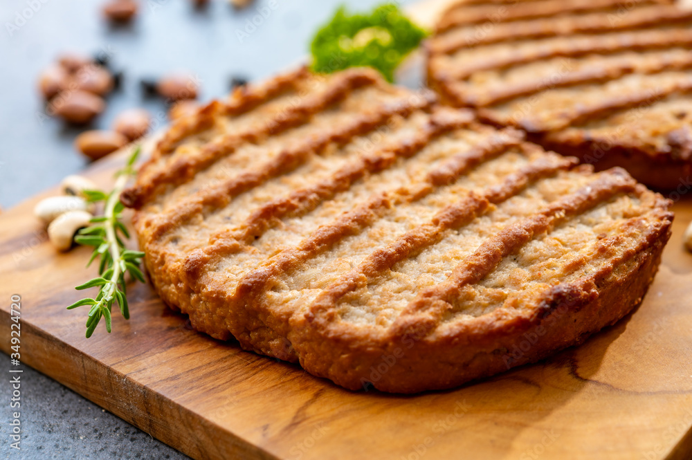 Meat free grilled vegan steakes, healthy food concept Meat free grilled vegan steakes, healthy food concept