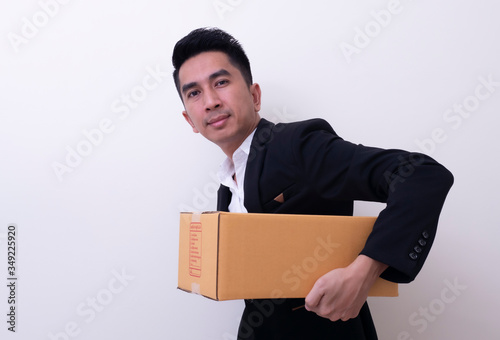Shop assistant brings the parcel, isolated, white background