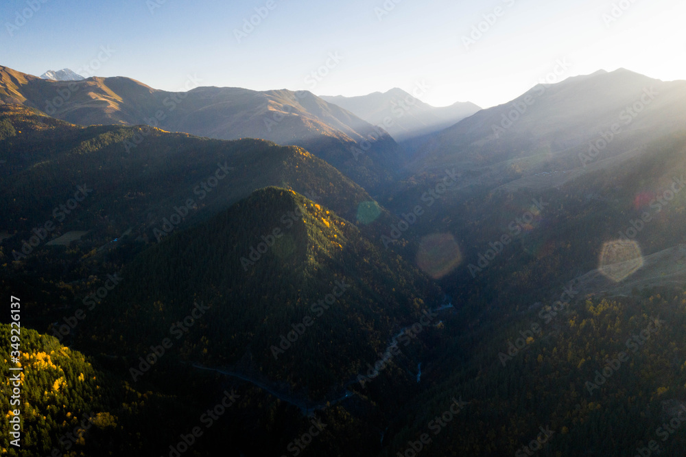 Aerial view of the village of Omalo and the surrounding mountains in the Tusheti region.