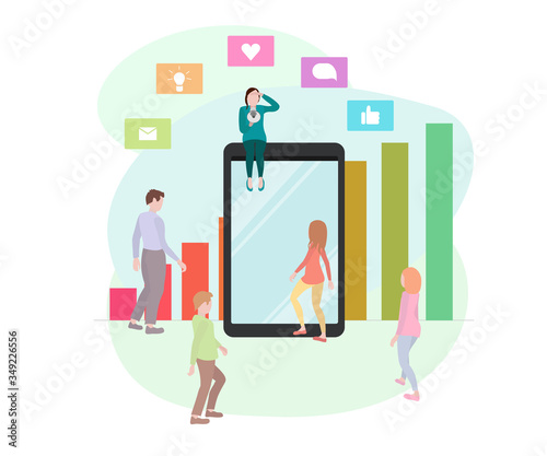 flat vector illustration people go to the tablet on which the specialist smm sits with a megaphone and attracts an audience