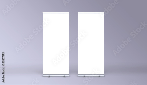 Empty rollup banners stand. Blank template mockups. Exhibition stand roll-up banners, screen for you design. Vertical white roll-ups for preview.