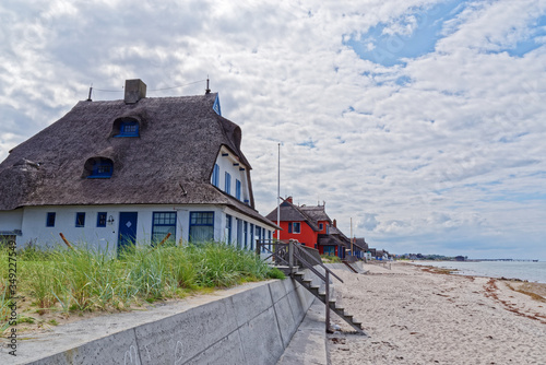 Fototapeta Naklejka Na Ścianę i Meble -  Historical villas in the nature reserve Graswarder on the beach in Heiligenhafen at the Baltic Sea, Germany