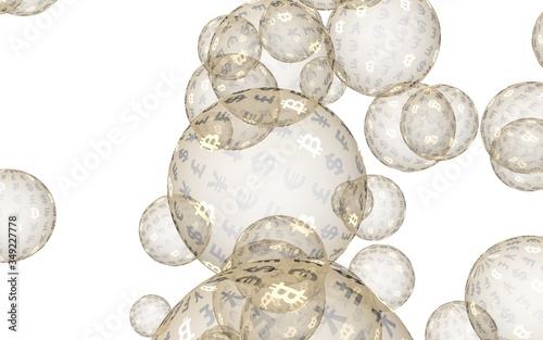 Bitcoin economic financial bubble. crypto currency 3D illustration. Business concept. Gold bubbles on white background. Bit, Coin, mining concept