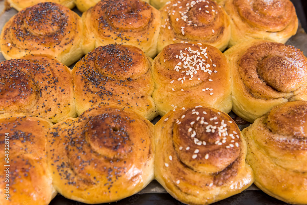 delicious buns baked with poppy seeds on a tray